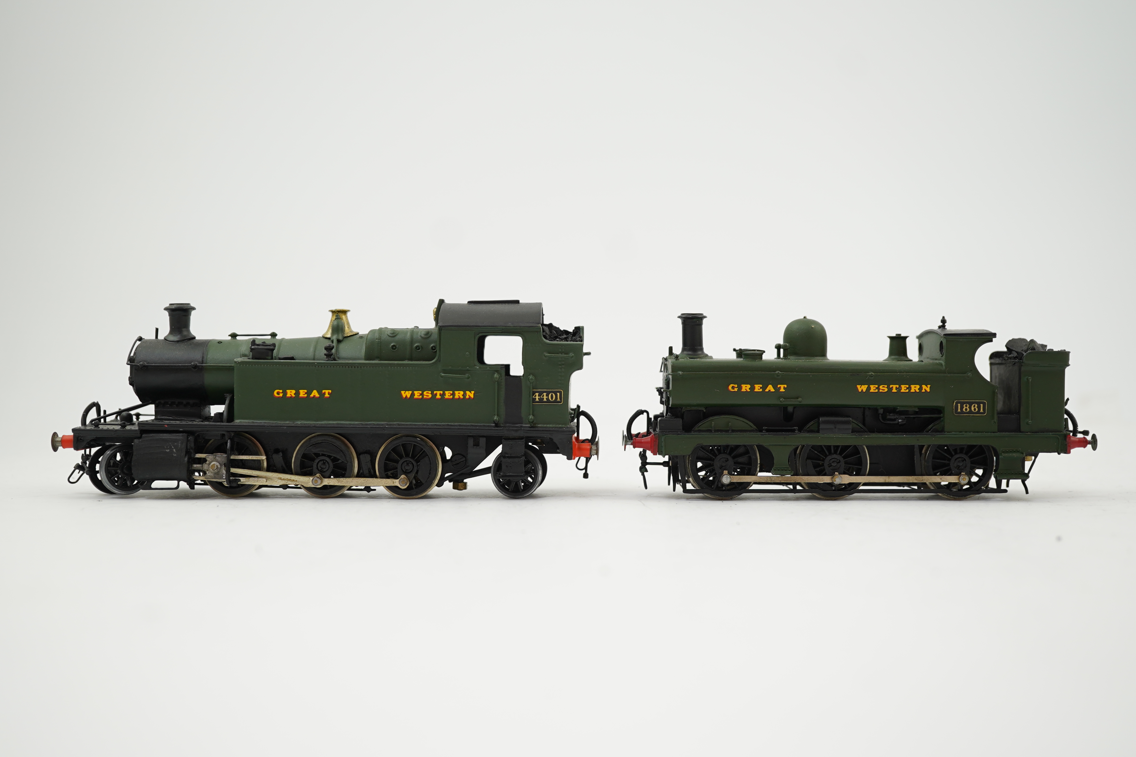 Two 00 gauge brass and white metal kit built GWR tank locomotives; a 4400 class 2-6-2 Prairie Tank, 4401, together with an 1854 class 0-6-0PT, 1861, constructed, painted and lined to a high standard, both motored for two